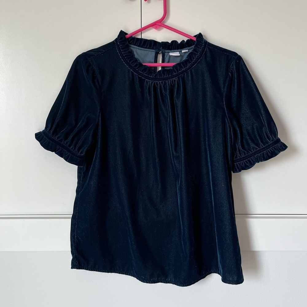 GAP Navy Velvet Ruffle Neck Blouse